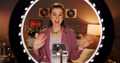 Buy stock photo Influencer, night and happy woman in home with ring light for social media, announcement and video. Content creator, dark and excited person with audience for live streaming, good news and broadcast