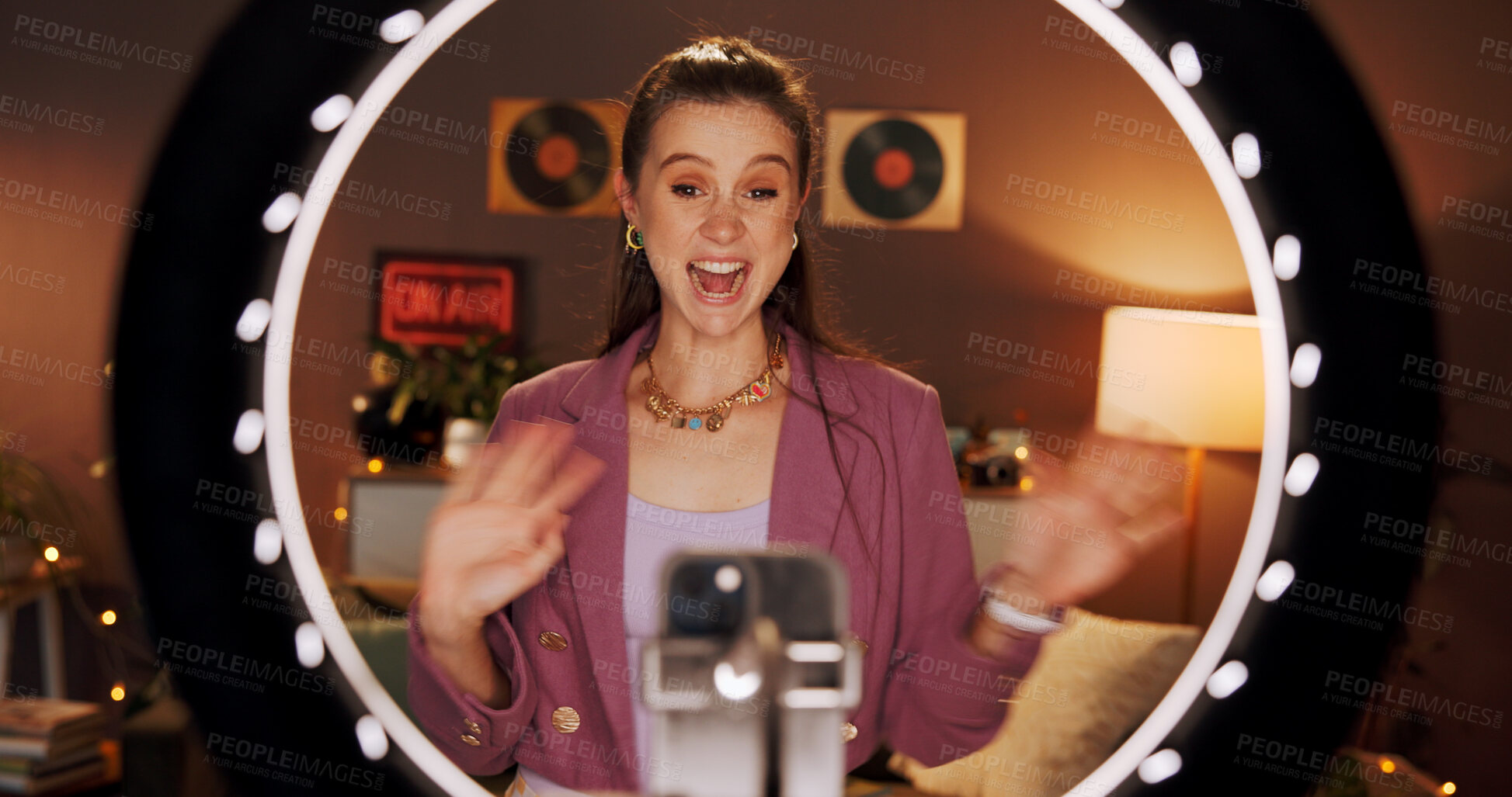 Buy stock photo Influencer, night and happy woman in home with ring light for social media, announcement and video. Content creator, dark and excited person with audience for live streaming, good news and broadcast