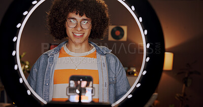 Buy stock photo Influencer, happy and man in home with ring light for social media, recording video and upload. Content creator, talking and person with audience for live streaming, subscription and broadcast