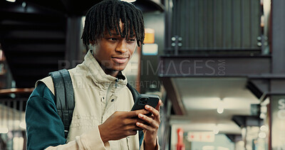 Buy stock photo Phone, thinking and black man in university library with contact, networking or email for scholarship. Ideas, planning and African student with cellphone for communication on mobile app at college.
