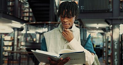 Buy stock photo Library, black man and student with thinking for book, studying information and reading on campus. College, person and course at academy for business management, education and textbook for learning