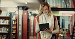Student, online and woman with tablet, library and browsing on web for research, study or knowledge. Space, serious and person with tech for info, read and preparing for exam with app and scholarship