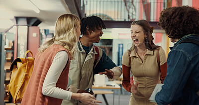 Buy stock photo People, students and laugh with books in library for education, research project and study group. Smile, friends and talk with funny discussion, learning together and scholarship for exam preparation