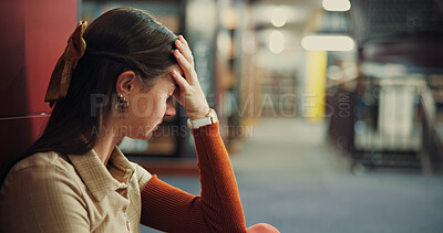 Buy stock photo College student, girl and stress on library floor for academic burnout, test fail or study fatigue. Education, space and person with depression on campus for assignment deadline and workload pressure