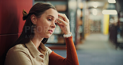 Buy stock photo Stress, woman and college student thinking in library for exam pressure, fail or test mistake. University, sad and unhappy person with worry for results, study fatigue or anxiety with low grades