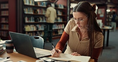 Buy stock photo Laptop, writing and college with woman in library for education, future and student life. Assignment resources, online portal and study habits with person on campus for scholarship application