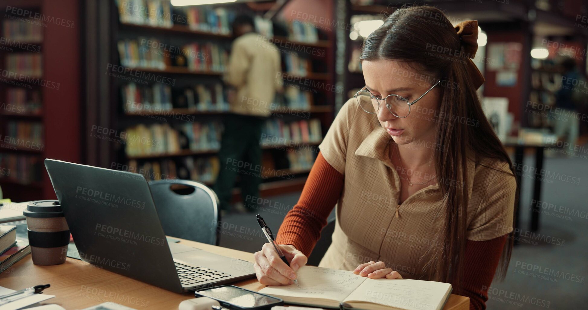 Buy stock photo Laptop, writing and college with woman in library for education, future and student life. Assignment resources, online portal and study habits with person on campus for scholarship application
