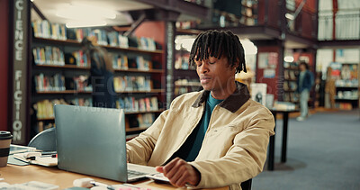 Buy stock photo University student, man and sleeping with laptop in library for low energy, burnout and overworked. Education, tired or gen z person with nap on campus for academic exhaustion, workload and brain fog