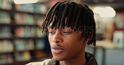 Buy stock photo Thinking, black man and student for education in library for reflection, project and study resources. Person, wonder and vision for knowledge, learning ideas and scholarship opportunity at university