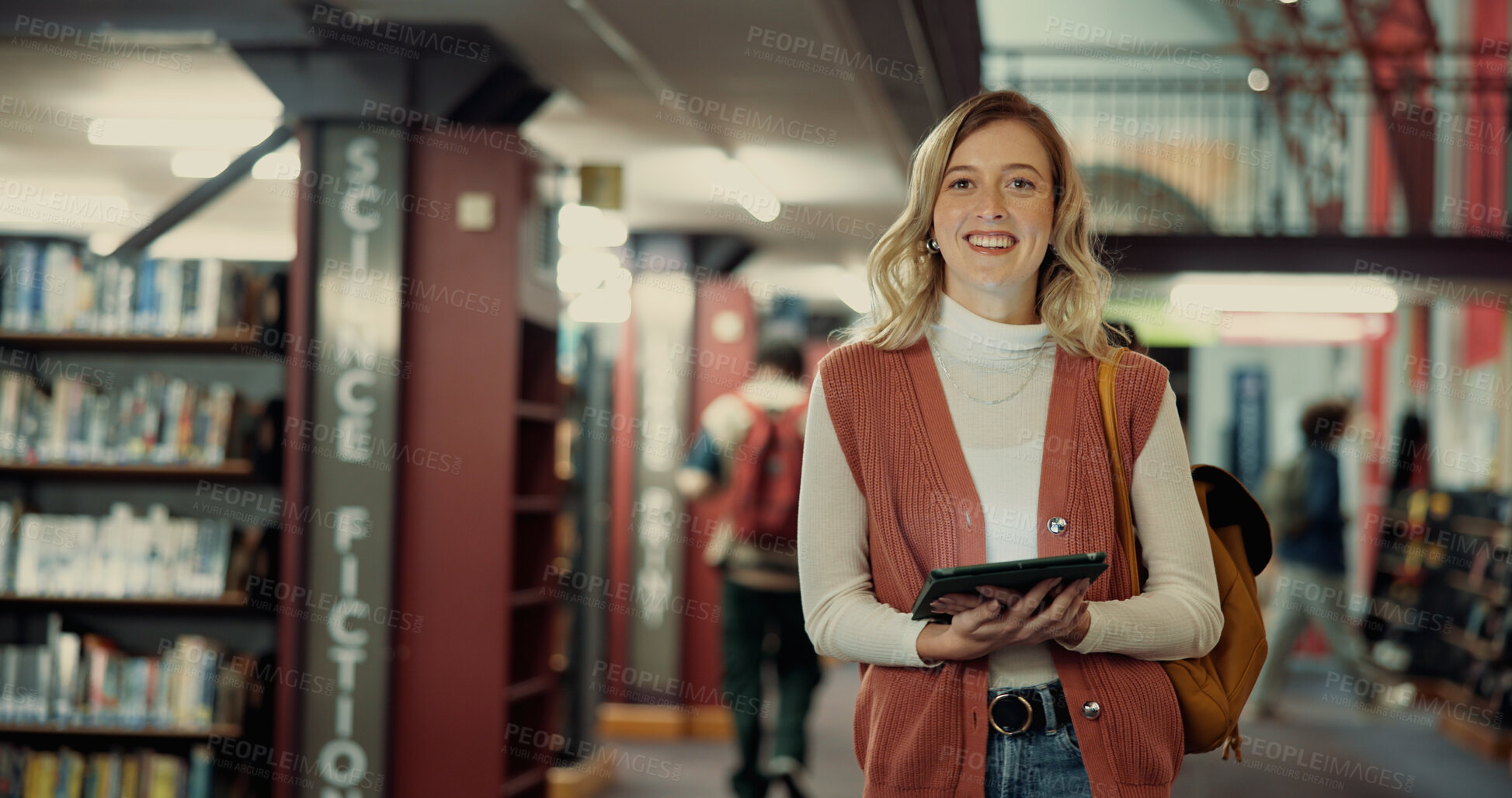 Buy stock photo Portrait, student and woman with tablet, library and confident with research for exam or university. Happy, learner and person with tech to study, knowledge and online for test, space and scholarship