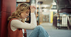 University, girl and stress on library floor for academic burnout, student loans or study fatigue. Education, anxiety and person with depression on campus for workload pressure or overwhelmed by exam
