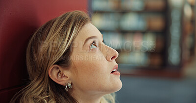 Buy stock photo University, woman and student with stress in library, campus and overwhelmed with thesis deadline. College, disappointed and person with anxiety for exam challenge, test fail and worry for results