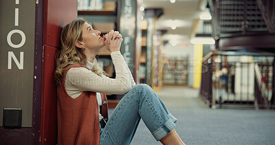 Buy stock photo Stress, woman and student thinking in library for exam pressure, fail or test mistake in college. University, sad or unhappy person with worry for results, burnout or anxiety with low grades on floor