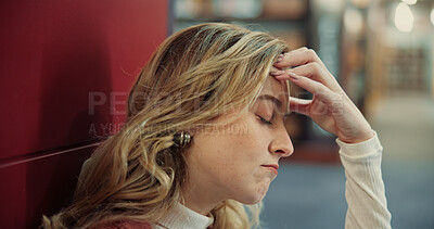 Buy stock photo College, woman or student with stress in library, campus or overwhelmed with assessment deadline. University, headache or female person with anxiety for exam challenge, test fail or worry for results