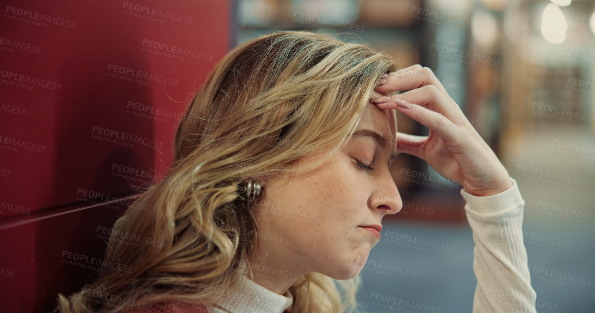 Buy stock photo College, woman or student with stress in library, campus or overwhelmed with assessment deadline. University, headache or female person with anxiety for exam challenge, test fail or worry for results