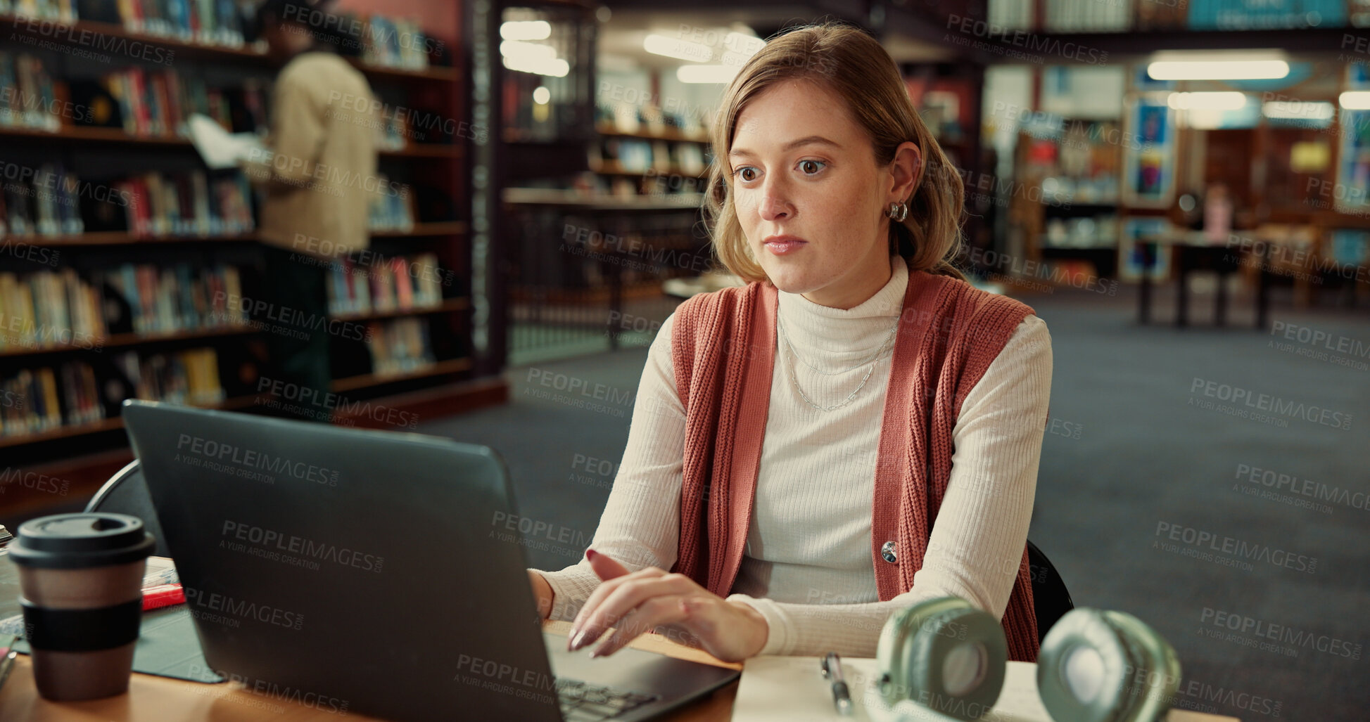 Buy stock photo Learning, college student and typing on laptop in library for education or notes revision. University, computer and woman on internet to research assignment, study and concentration for scholarship