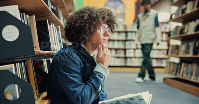 Buy stock photo Library, student and book with thinking for education, research and knowledge in college. University, male person and man with studying for thesis, literature and learning with ideas for test