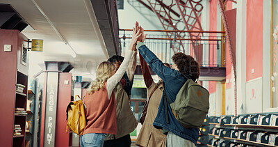 Buy stock photo High five, library and group of students at university for celebration of passing exam or test. Hands together, solidarity and friends with achievement for education scholarship at college campus.