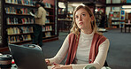 Thinking, student and woman with laptop, library and idea for assignment on web, app and reflection. Contemplating, serious and person with tech for exam, knowledge or planning for project in college