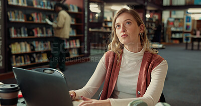 Buy stock photo Thinking, student and woman with laptop, library and idea for assignment on web, app and reflection. Contemplating, serious and person with tech for exam, knowledge or planning for project in college