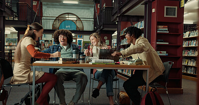 Buy stock photo Laughing, study group and college with friends in library for research project, comedy or education. University, funny and scholarship opportunity with people on campus for academy and course