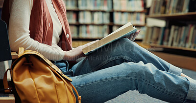 Buy stock photo Student, books and reading with woman in library for research, assignment and college thesis. University, scholarship and education with person and bookshelf for project information and studying