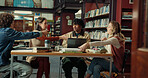 Teamwork, study group and college with friends in library for research project, help or education. University, assignment resources and scholarship opportunity with people on campus for school course