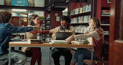 Buy stock photo Teamwork, study group and college with friends in library for research project, help or education. University, assignment resources and scholarship opportunity with people on campus for school course