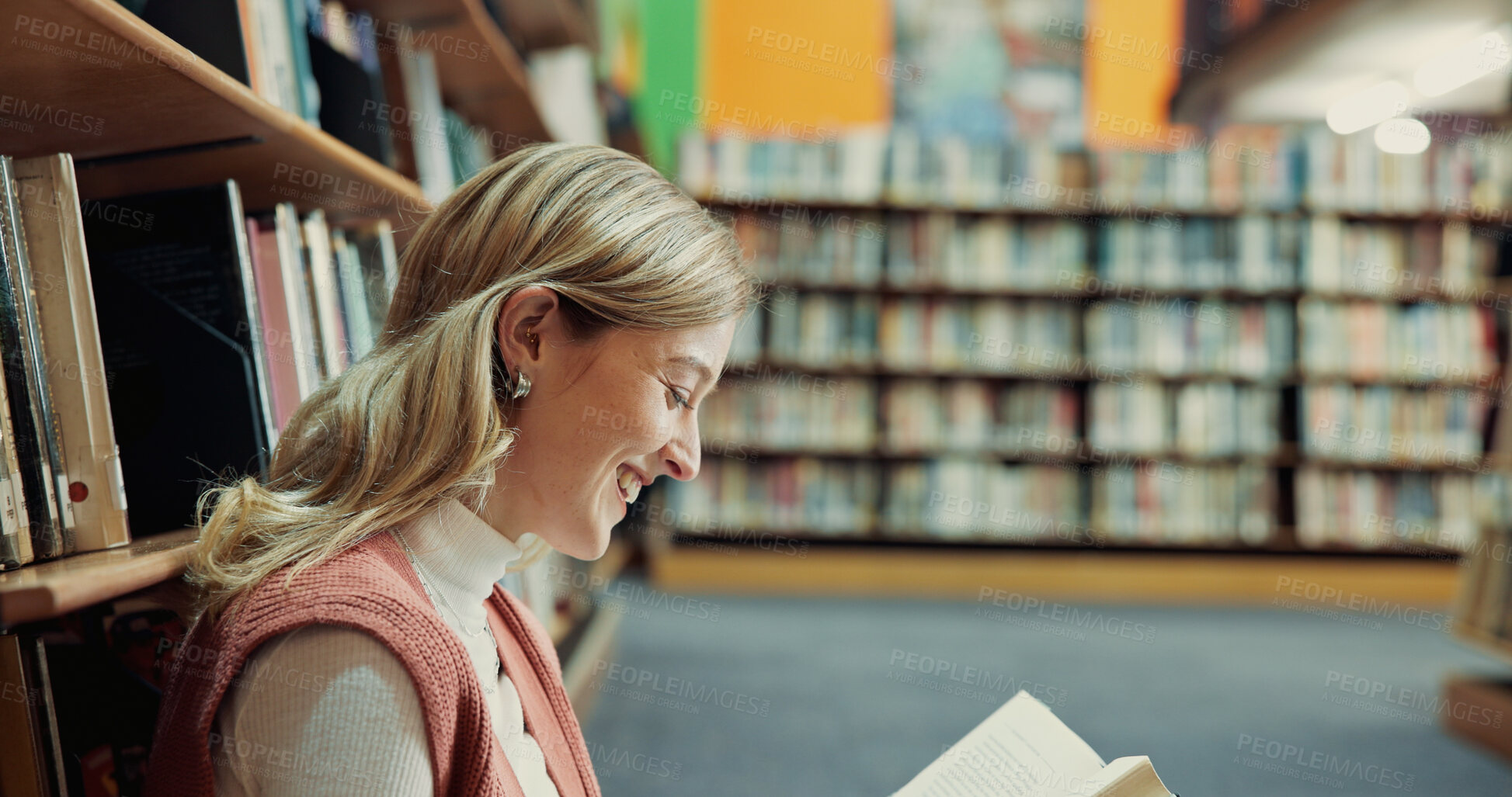 Buy stock photo Library, student and reading book with happiness for education, research and knowledge in college. University, laughing and woman with studying for thesis, english literature and learning for exam