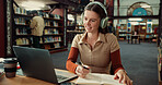 Notebook, laptop and girl in library with headphones for study, assignment or student thesis with music. Computer, radio and person with education, prepare for exam or research for paper with notes