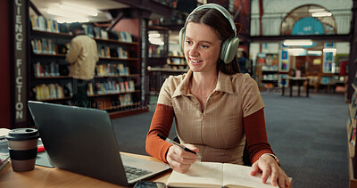 Buy stock photo Notebook, laptop and girl in library with headphones for study, assignment or student thesis with music. Computer, radio and person with education, prepare for exam or research for paper with notes