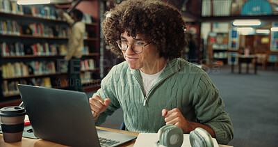 Buy stock photo Student, excited and laptop with man in library for application approval, success and college. Scholarship award, university announcement and online results with person on campus for good news