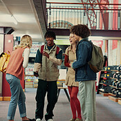 Smiling Friends Library Happy friends, students and laughing in library for funny joke, humor ...