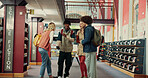 Happy friends, students and laughing in library for funny joke, humor or comedy at school. Study group, people or learners with smile for social comic, learning or education at university or campus