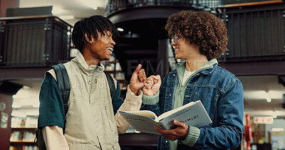 Buy stock photo Men, students and fist bump for education in library of greeting, studying deal and teamwork. People, friends and hand gesture with book for learning success, assignment goal and support of knowledge
