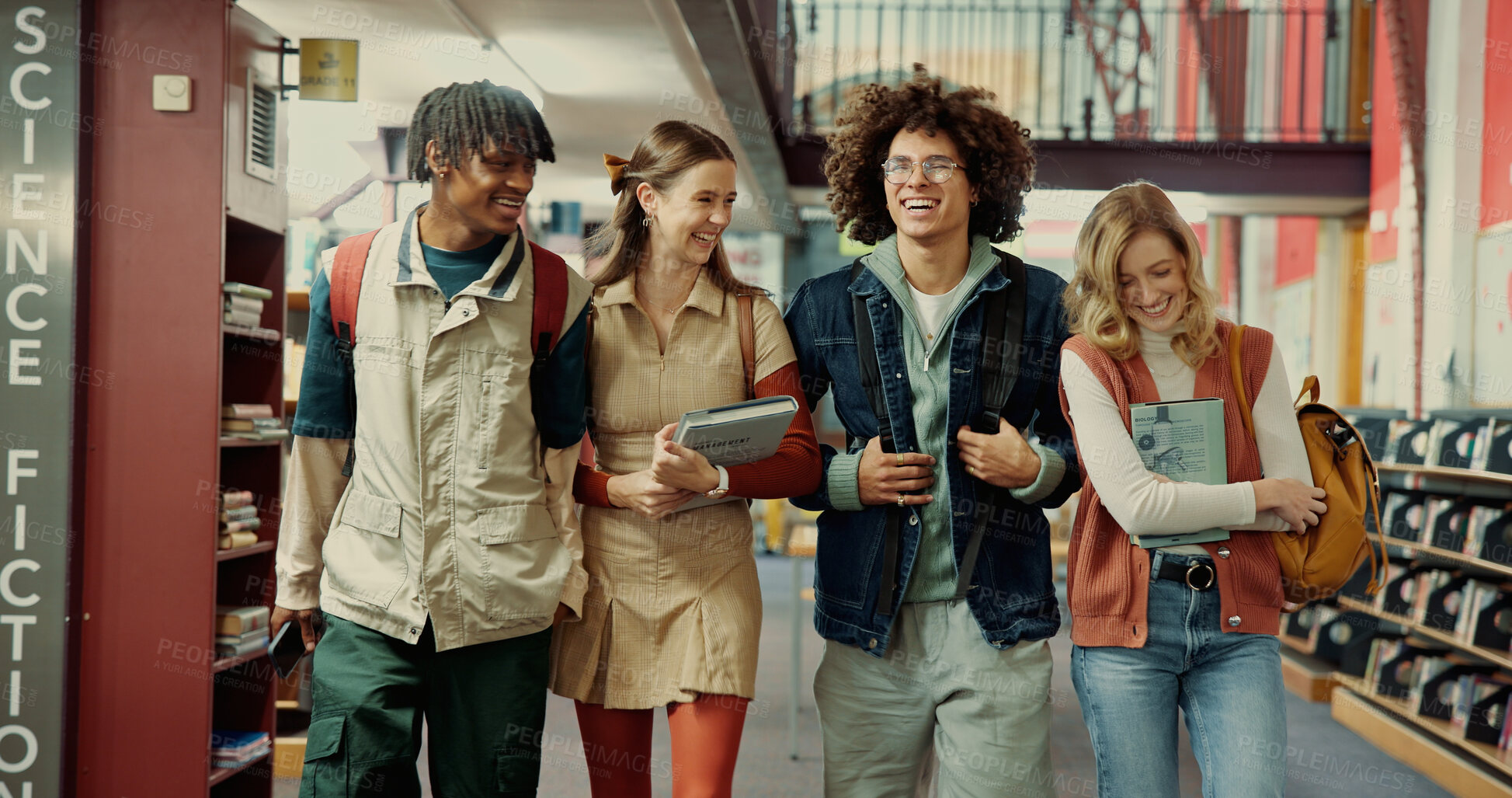 Buy stock photo People, students and talk with books in library for education, research project and studying group. Smile, friends and laughing for funny joke, learning together and scholarship with exam preparation