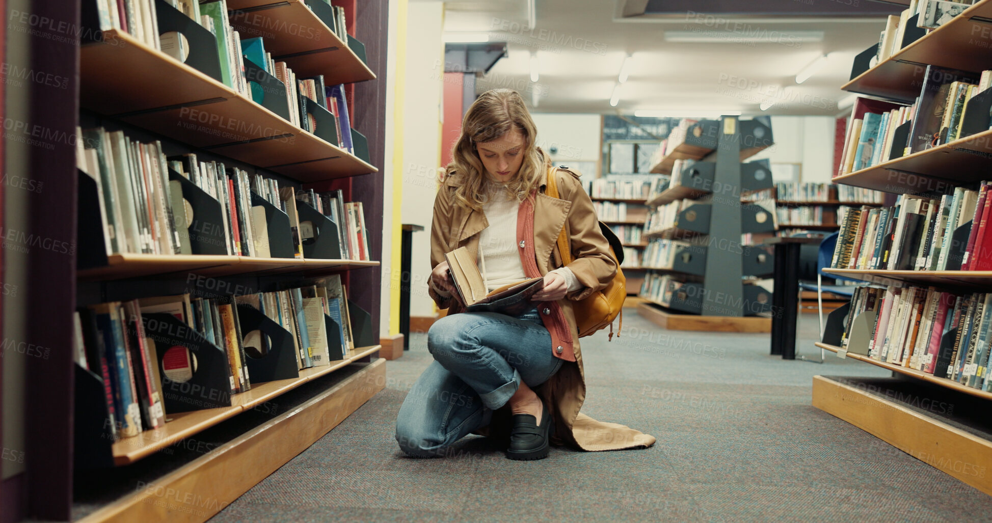 Buy stock photo Student, books and research with woman in library for reading, assignment and college thesis. University, scholarship and education with person and bookshelf for project information and studying