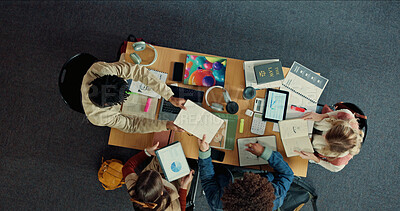 Buy stock photo Above, study group and project with friends in library for college research, team or education. University, assignment resources and scholarship opportunity with people on campus for academy course