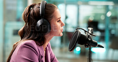 Buy stock photo Woman, influencer and mic in studio for broadcast, podcast recording and host of talk show. Audio equipment, female person and live streaming for radio channel, news announcement and entertainment