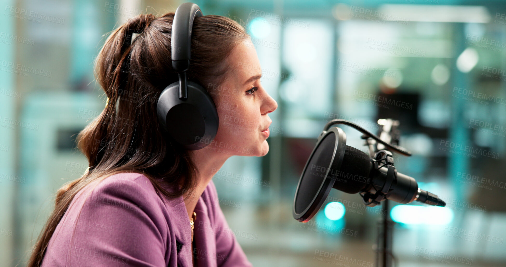 Buy stock photo Woman, influencer and mic in studio for broadcast, podcast recording and host of talk show. Audio equipment, female person and live streaming for radio channel, news announcement and entertainment