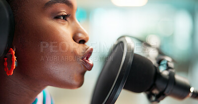 Buy stock photo Studio, black woman or speaker with microphone for talk show, audio recording or face for podcast. Closeup, female presenter or broadcast with communication for announcement, news media or headphones