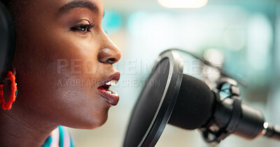 Buy stock photo Studio, black woman and speaker with microphone for podcast, audio recording and show for hosting. Closeup, female person and broadcaster with communication for announcement, news media and streaming