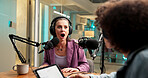 Shocked, woman and mic for interview, podcast or journalist with question for secret novel or ebook. Surprised, guest and self published author with headphones, conversation and wow for live stream