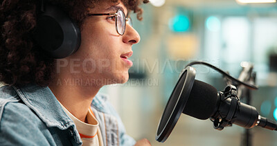 Buy stock photo Studio, man and presenter with microphone for podcast, audio recording and show for hosting. Office, male person and speaker with communication for announcement, news media and headphones for radio