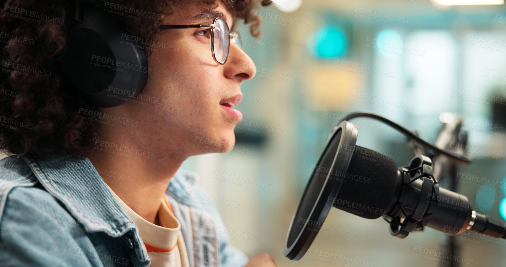 Buy stock photo Studio, man and presenter with microphone for podcast, audio recording and show for hosting. Office, male person and speaker with communication for announcement, news media and headphones for radio