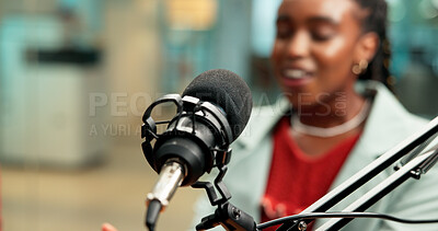Buy stock photo Mic, black woman and talking in studio for broadcast, podcast recording and guest on talk show. Audio equipment, speaker and live streaming for radio channel, news announcement and entertainment host