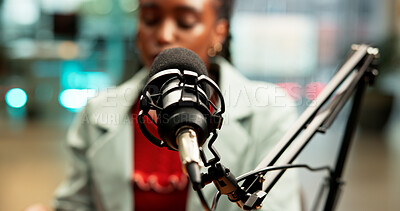 Buy stock photo Mic, black woman and speaking in studio for broadcast, podcast recording and chat on talk show. Audio equipment, speaker and live streaming for radio channel, news announcement and entertainment host