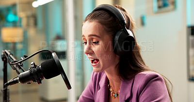 Buy stock photo Studio, woman and presenter with microphone for podcast, audio recording and show for hosting. Office, person and speaker with communication for announcement, news media and headphones for radio