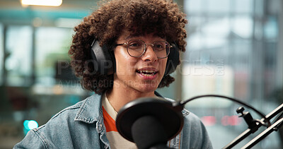 Buy stock photo Talking, podcast and man with microphone in studio for recording, live streaming or web channel. Headphones, subscription and male influencer with equipment for online talkshow, radio or broadcast.