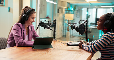 Buy stock photo Woman, microphone and guest for podcast in studio for live streaming, broadcast and news. Host, people and interview for online platform, production and storytelling with talk show for radio channel